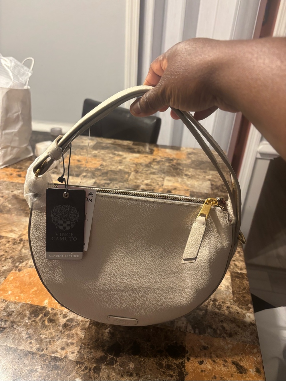 Vince Camuto Ivory Leather Crescent Shoulder Bag with Gold Hardware